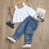 Girls Sleeveless Crop Top With Denim Pants Set (Copy) Sets White 1-2 Y