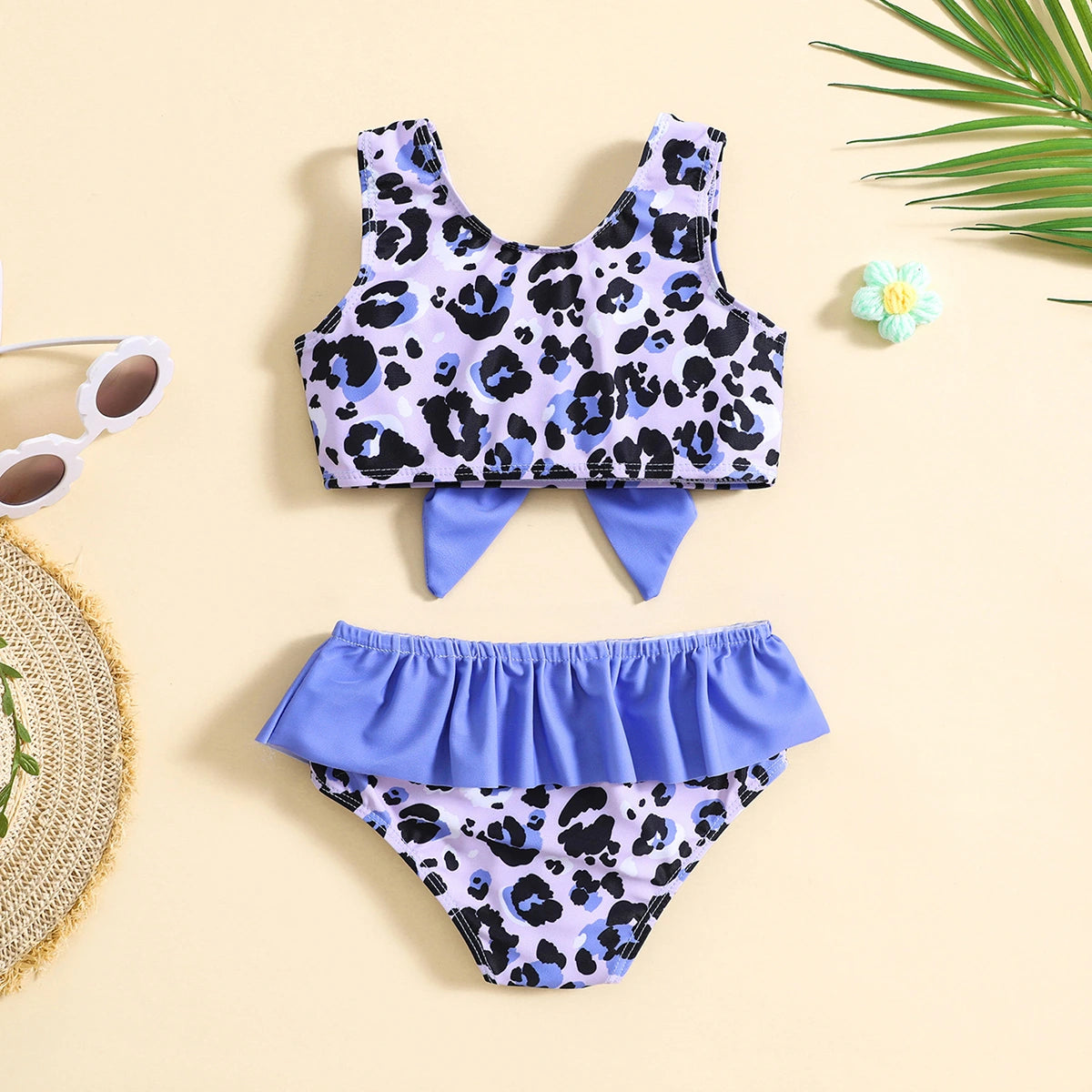 Girls Purple Leopard Print Sleeveless Top With Briefs Swimwear Sets Sets