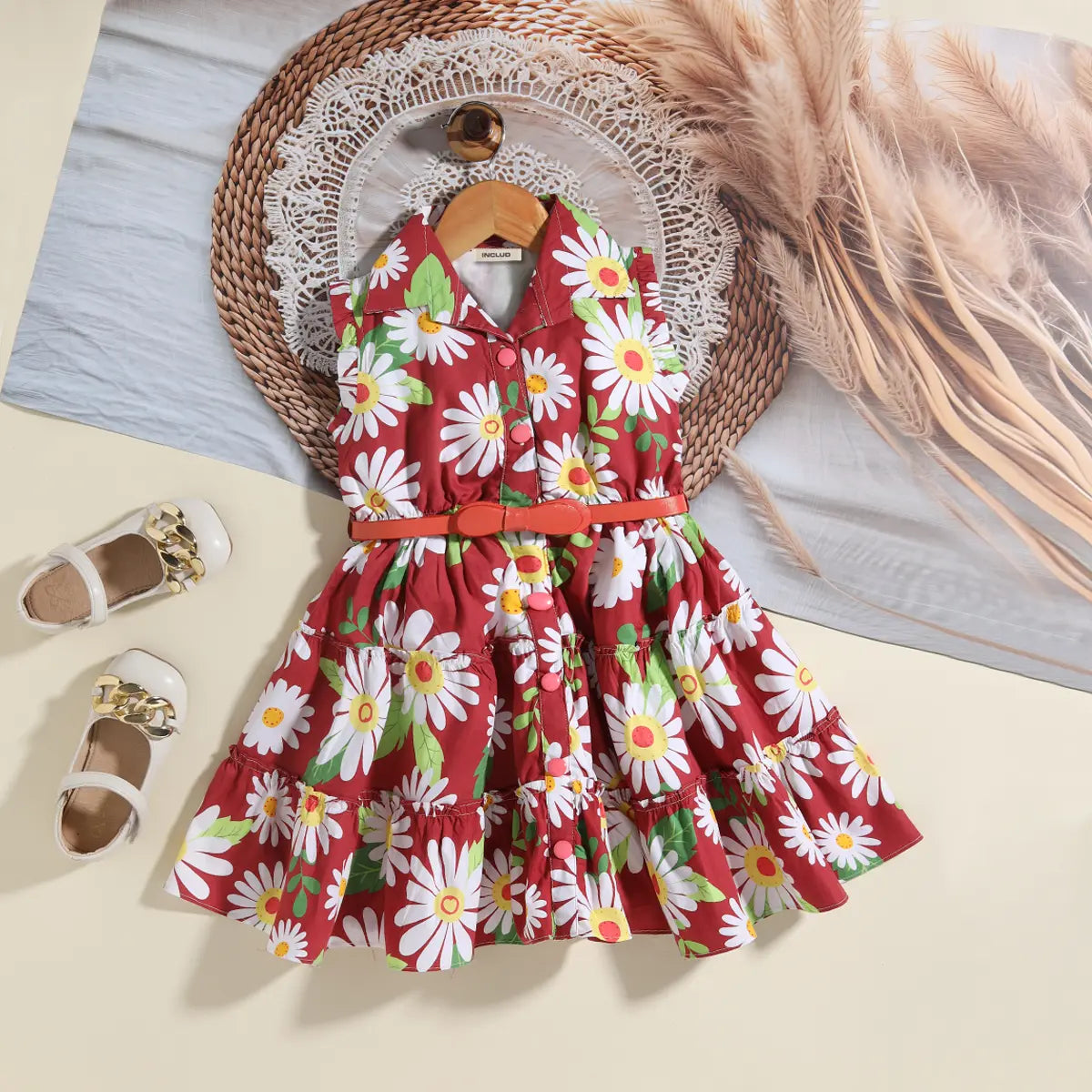 Girls Maroon Floral Printed Shirt Dress With Belt Casual Dresses Maroon 3-4 Y