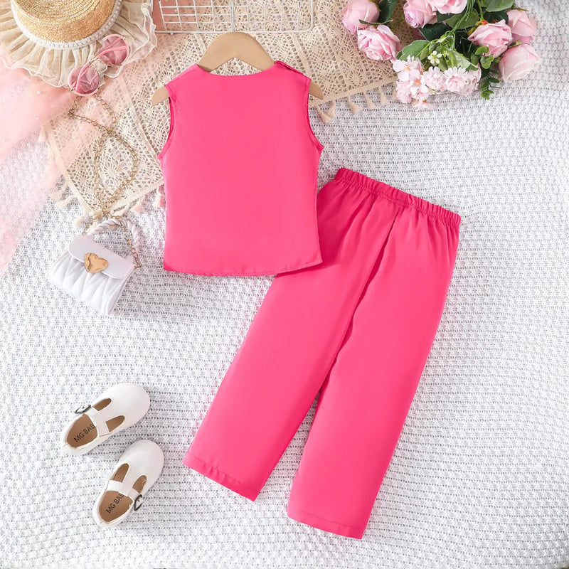 Girls Fuchsia Flower Applique Sleeveless Vest With Pants Co-ord Sets Sets