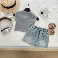 Girls Grey Rhinestone Embellished Ribbed Top and Denim Skirt Sets 2 pc. Sets