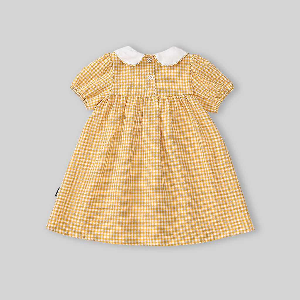 Girls Yellow Gingham Checked Smocked Dress with Duck Embroidery Casual Dresses