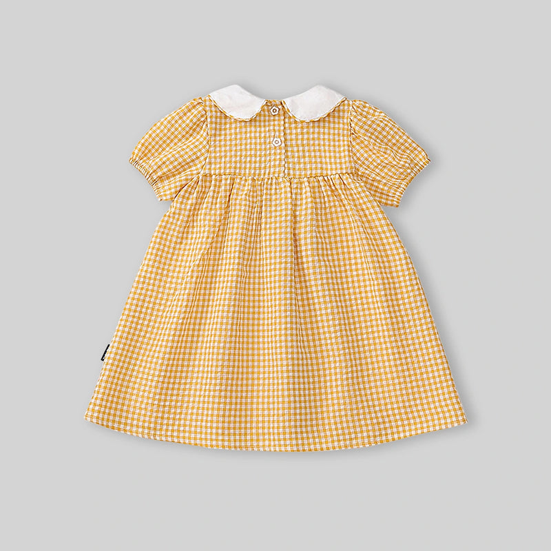 Girls Yellow Gingham Checked Smocked Dress with Duck Embroidery Casual Dresses