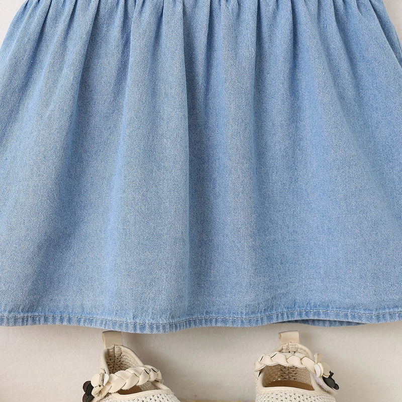 Girls Light Blue Light Wash Peter Pan Collar Fit & Flare Denim Dress Casual Dresses
