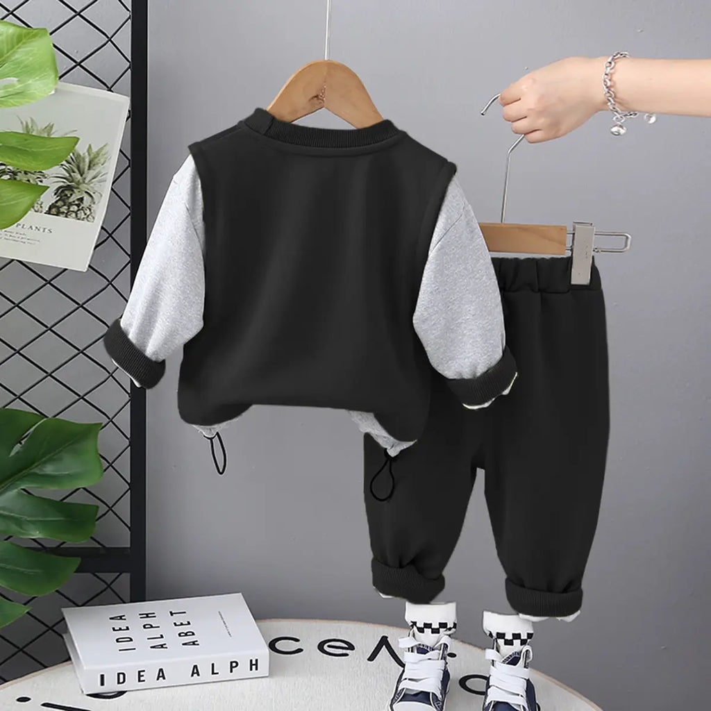 Boys Black Color-blocked Sweatshirt With Jogger Sets Sets