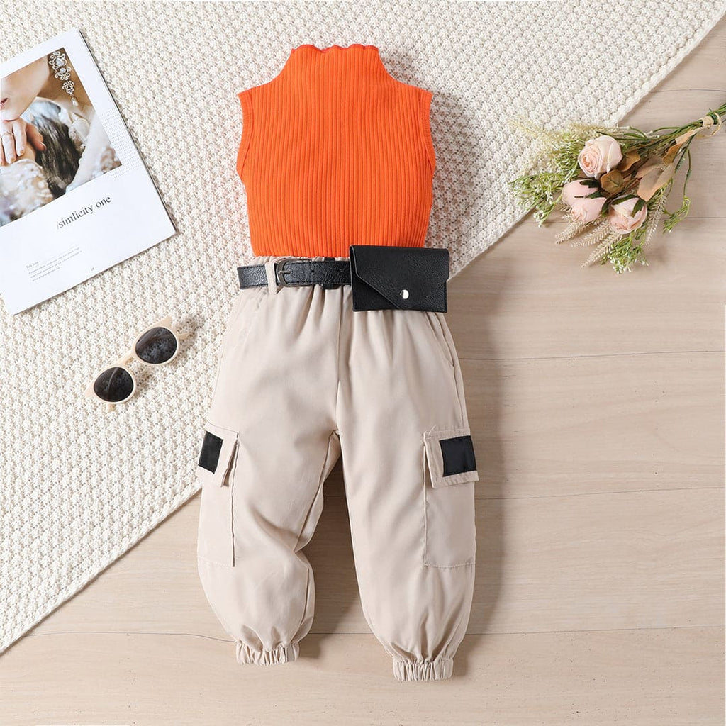 Girls Orange Turtle Neck Tank Top with Joggers Set Sets Orange 1-2 Y 