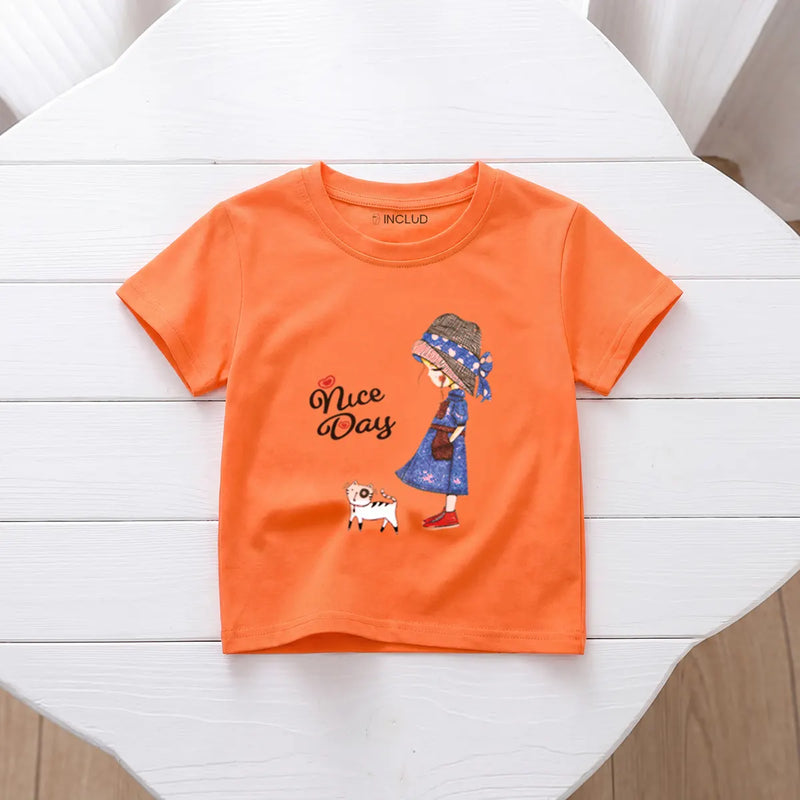 Girls Orange Nice Day Typography Print Short Sleeve T-Shirt Tshirts Orange 1-2 Y