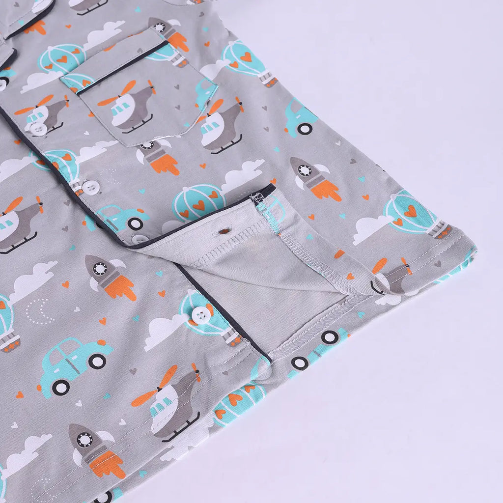 Girls Grey Hot Air Balloon Print Short Sleeve Shirt With Elasticated Pants Sets Sets