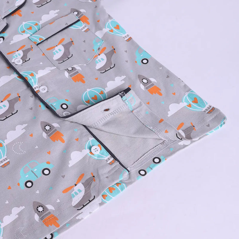 Girls Grey Hot Air Balloon Print Short Sleeve Shirt With Elasticated Pants Sets Sets