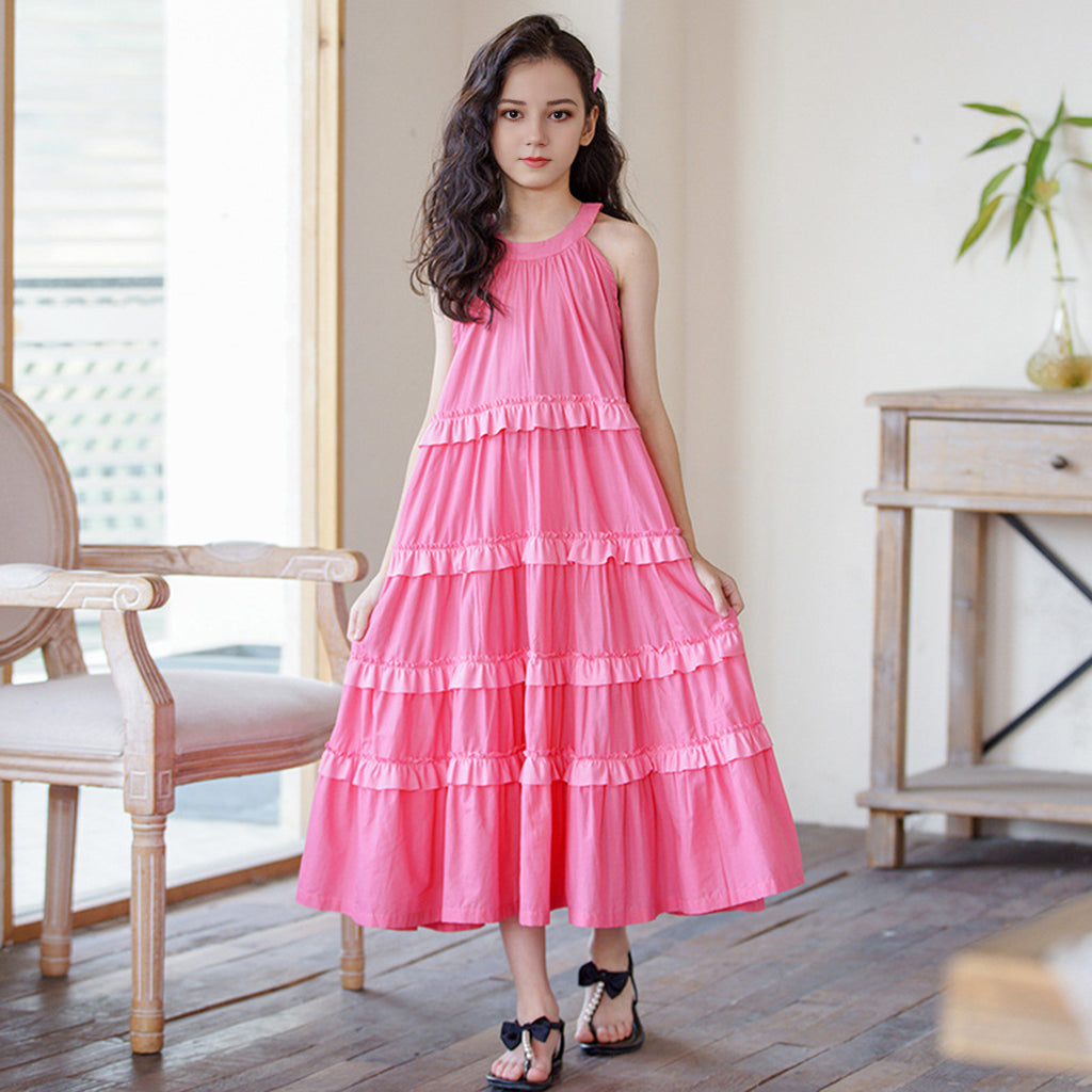 Girls Halter Neck Sleeveless Tiered Dress