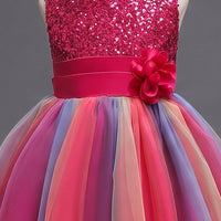 Girls Red Sequin Embellished Fit & Flare Party Wear Dress With Flower Applique Party Dresses