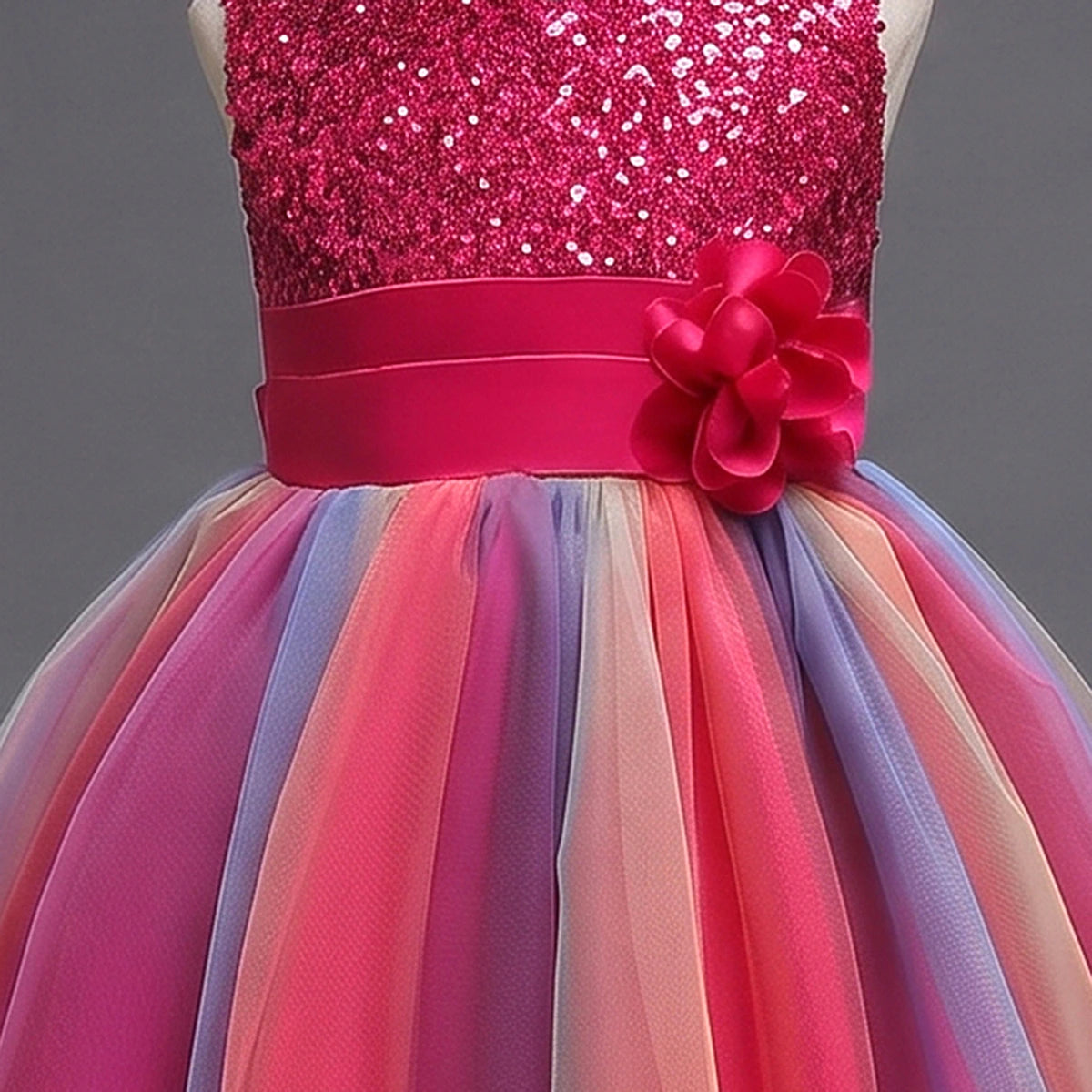 Girls Red Sequin Embellished Fit & Flare Party Wear Dress With Flower Applique Party Dresses