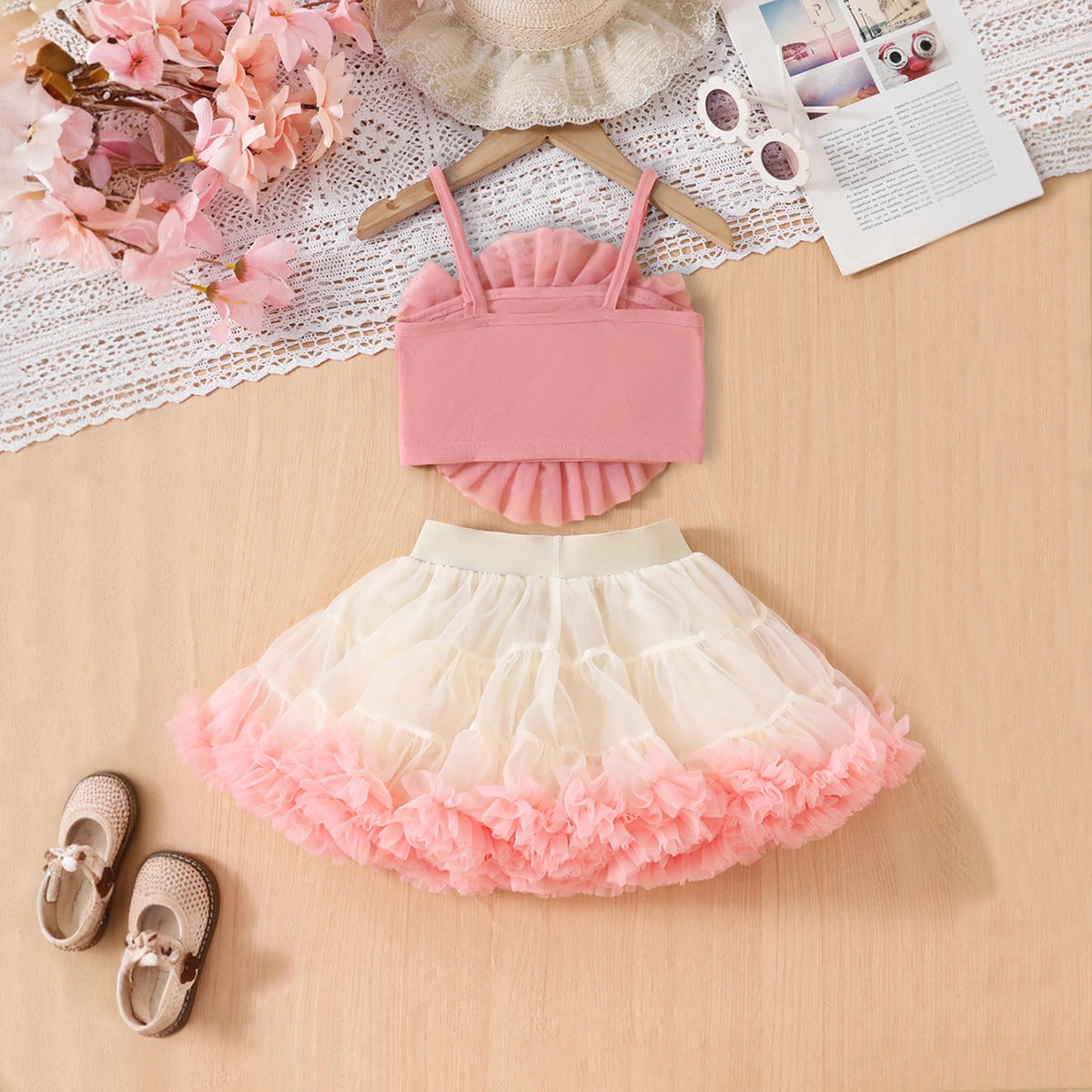 Girls Peach Big Flower Applique Crop Top With Tiered Tulle Skirt Sets Sets