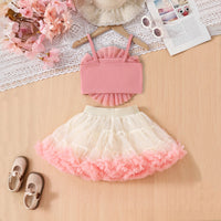 Girls Peach Big Flower Applique Crop Top With Tiered Tulle Skirt Sets Sets