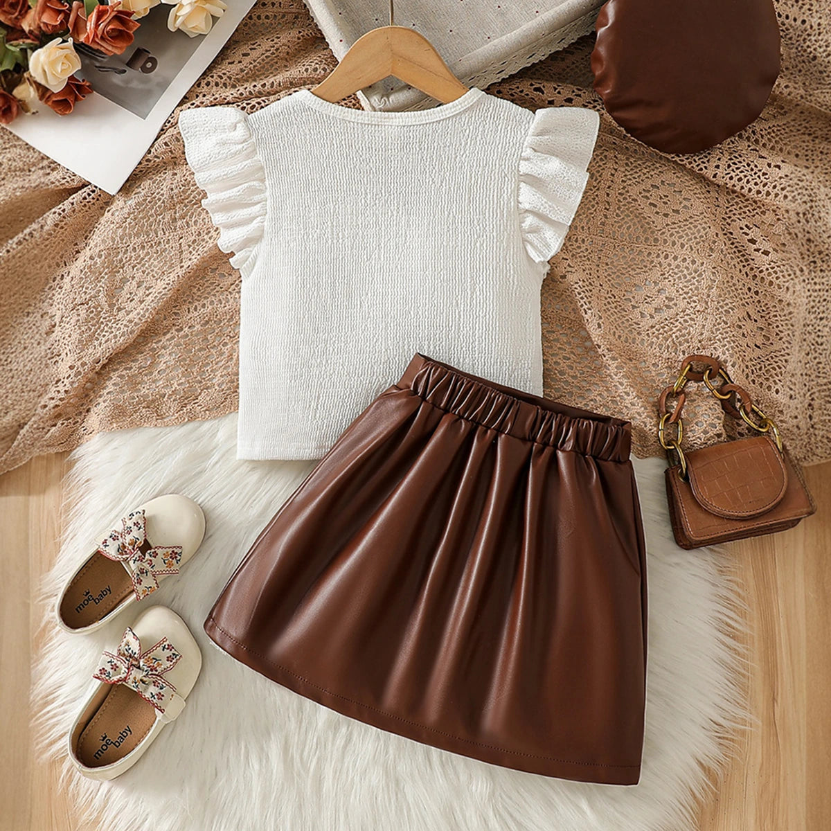 Girls White Bow Applique Flutter Sleeve Top With Faux Leather Skirt Sets 2 pc. Sets