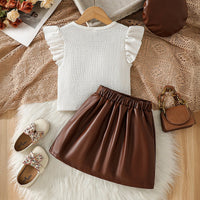 Girls White Bow Applique Flutter Sleeve Top With Faux Leather Skirt Sets 2 pc. Sets