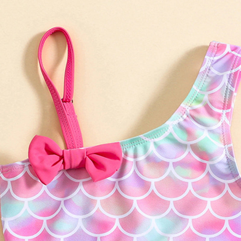 Girls Pink Mermaid Print Top With Briefs Two-Piece Swimwear Sets Sets