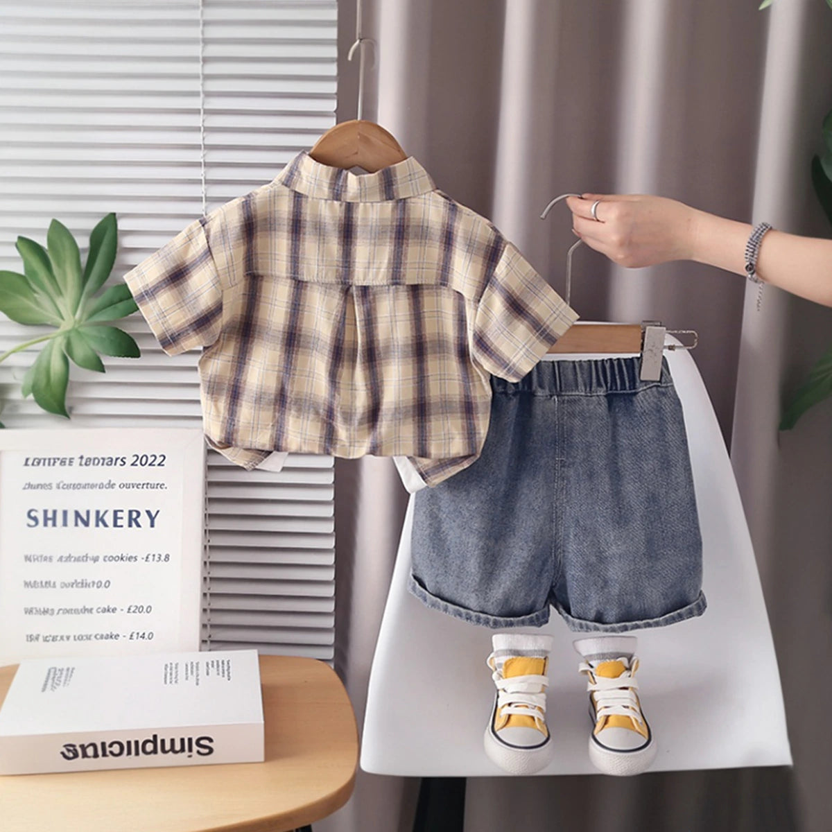 Boys Khaki Checked Shirt With Graphic T-Shirt & Denim Shorts Set Sets