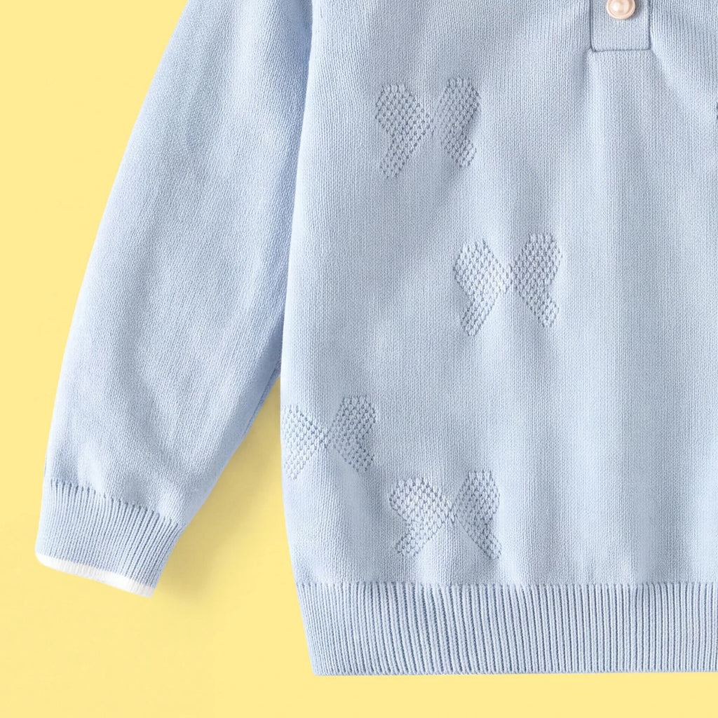 Girls Light Blue Long Sleeve Bow Embellished Polo Sweater Sweaters & Cardigans