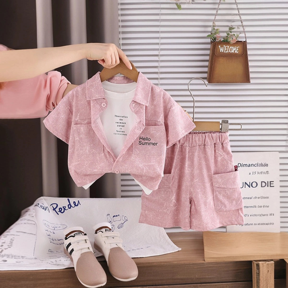 Boys Pink Typographic Printed Shirt With Printed T-shirt And Shorts Sets 3 pc. Sets Pink 1-2 Y