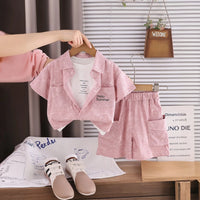 Boys Pink Typographic Printed Shirt With Printed T-shirt And Shorts Sets 3 pc. Sets Pink 1-2 Y