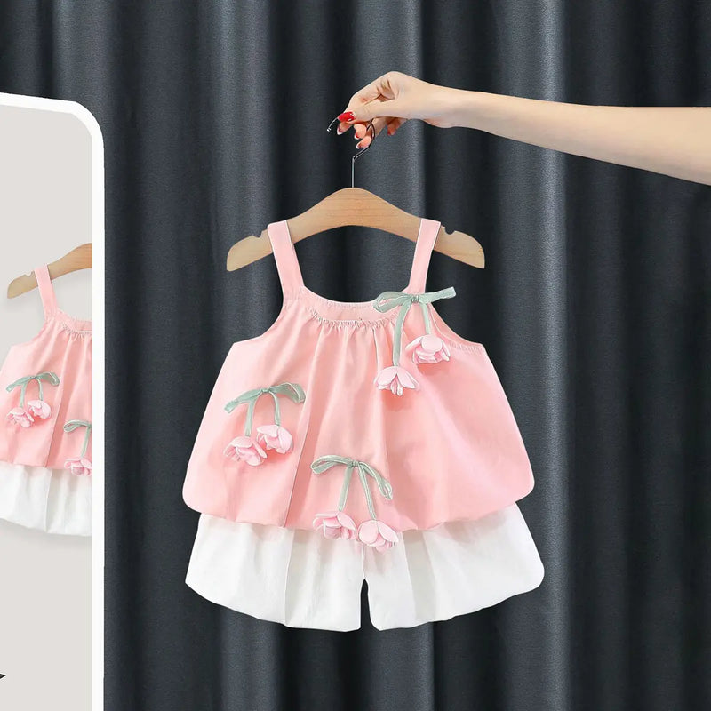 Girls Light Pink Flower Applique Sleeveless Top With Elasticated Shorts Sets 2 pc. Sets Light Pink 1-2 Y