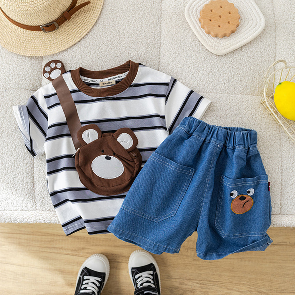 Boys Black Bear Applique Striped T-Shirt With Denim Shorts 2 pc. Sets Black 1-2 Y 