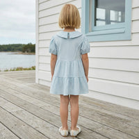 Girls Light Blue Textured Tiered Dress With Puff Sleeves Casual Dresses