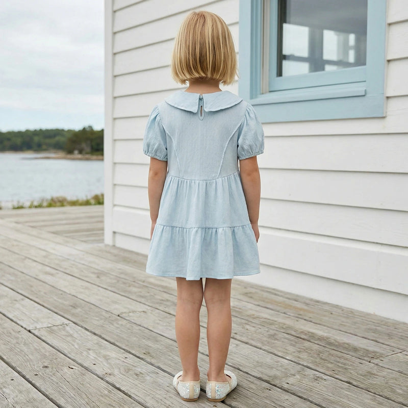 Girls Light Blue Textured Tiered Dress With Puff Sleeves Casual Dresses