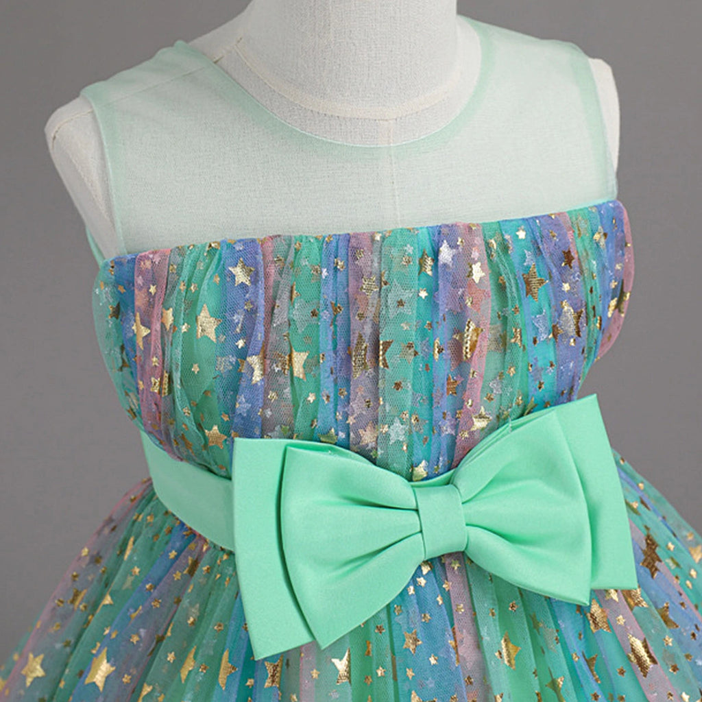 Girls Light Green Star Foil Print Sleeveless Fit & Flare Party Wear Dress Party Dresses