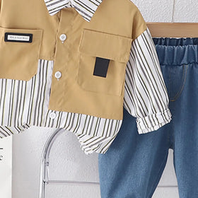 Boys Khaki Stripes Shirt With Denim Jogger Sets Sets