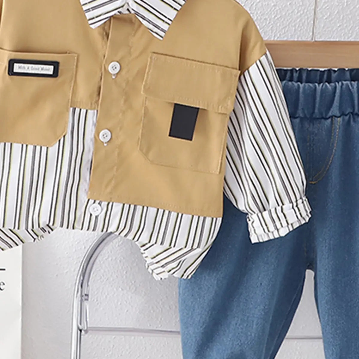 Boys Khaki Stripes Shirt With Denim Jogger Sets Sets