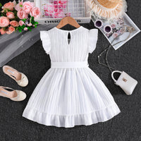 Girls White Flutter Sleeves Round Neck Dress Casual Dresses