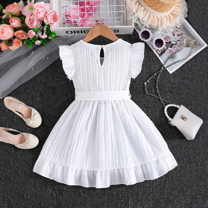 Girls White Flutter Sleeves Round Neck Dress Casual Dresses