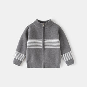 Boys Grey Zipper Cardigan With Self-Design Stripe Patterns Sweaters & Cardigans