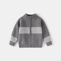 Boys Grey Zipper Cardigan With Self-Design Stripe Patterns Sweaters & Cardigans