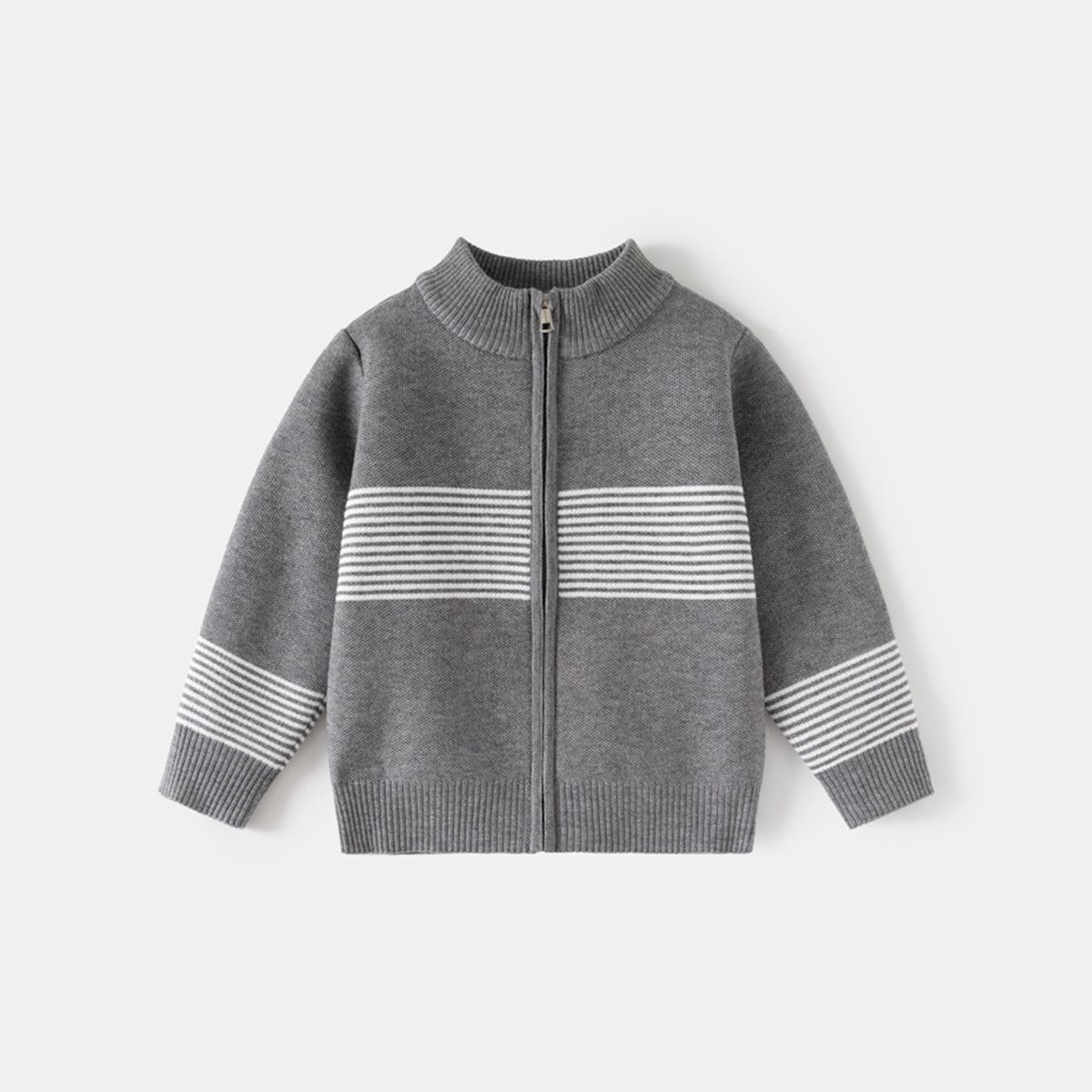 Boys Grey Zipper Cardigan With Self-Design Stripe Patterns Sweaters & Cardigans