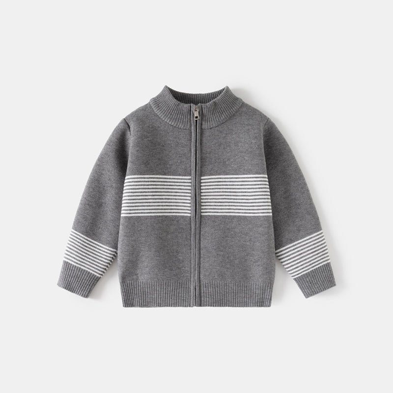 Boys Grey Zipper Cardigan With Self-Design Stripe Patterns Sweaters & Cardigans