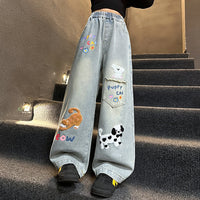 Girls Light Blue Animal Applique Loose Fit Denim Jeans Pants