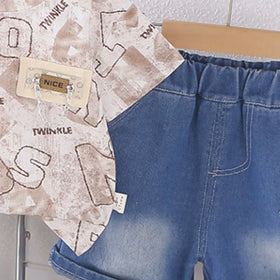 Boys Light Brown Typographic Print T-Shirt With Denim Shorts Set Sets