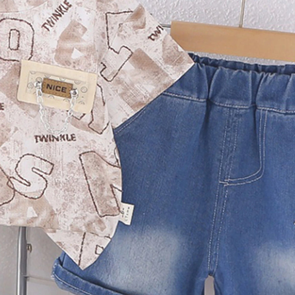 Boys Light Brown Typographic Print T-Shirt With Denim Shorts Set Sets