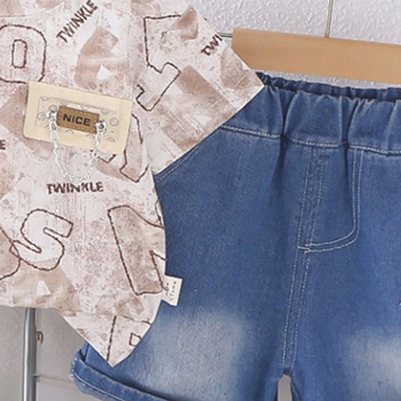 Boys Light Brown Typographic Print T-Shirt With Denim Shorts Set Sets