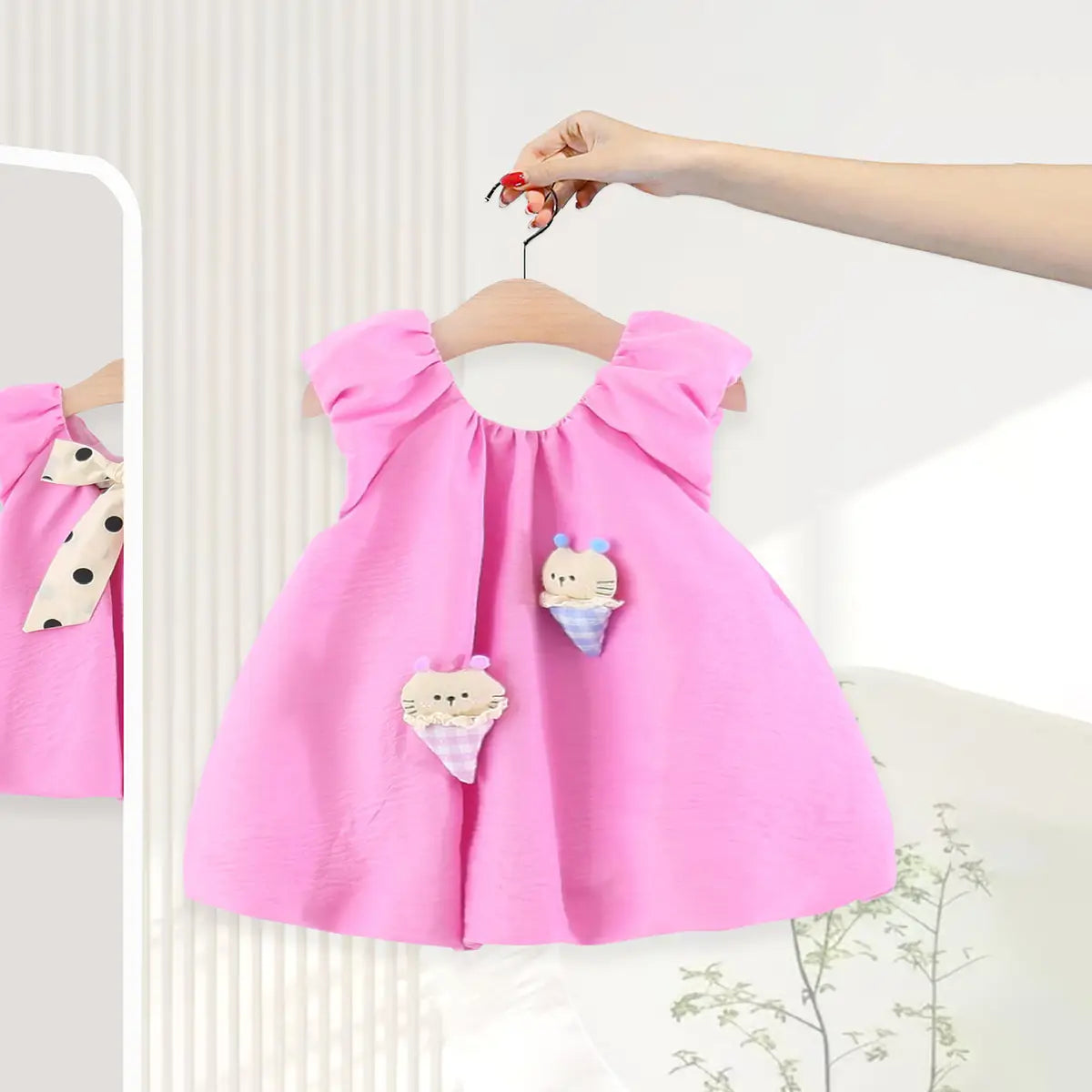 Girls Pink Cat Applique Sleeveless A-line Dress Casual Dresses Pink 1-2 Y