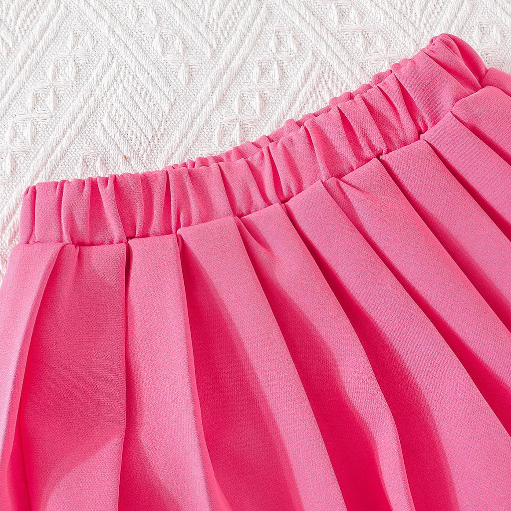 Girls Fuchsia Embellished Ruffled Blazer Vest With Pleated Skirt & Camisole Top Sets Sets