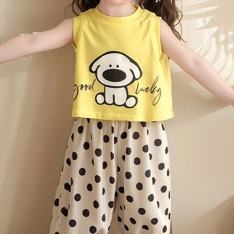 Girls Yellow Sleeveless Animal Graphic Top With Polka Dot Harem Pants Sets Sets