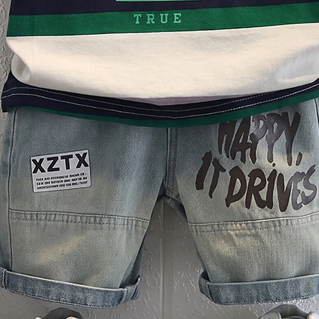 Boys Green Typography print Short Sleeve T-Shirt With Denim Shorts Sets 2 pc. Sets