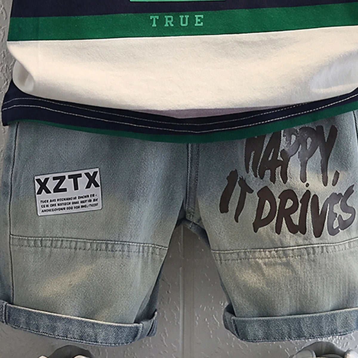 Boys Green Typography print Short Sleeve T-Shirt With Denim Shorts Sets 2 pc. Sets