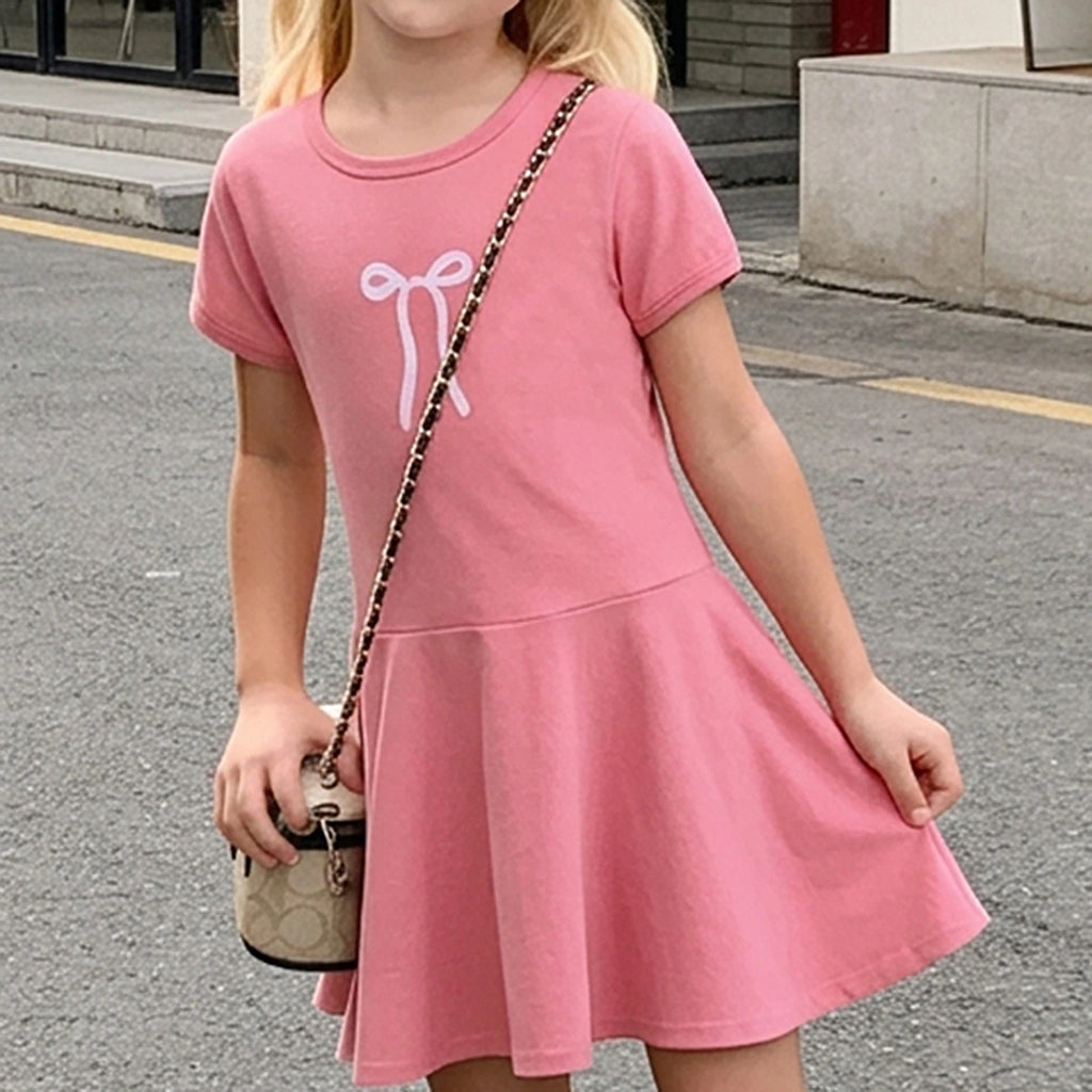 Girls Pink Bow Graphic A-Line Dress With Short Sleeves Casual Dresses