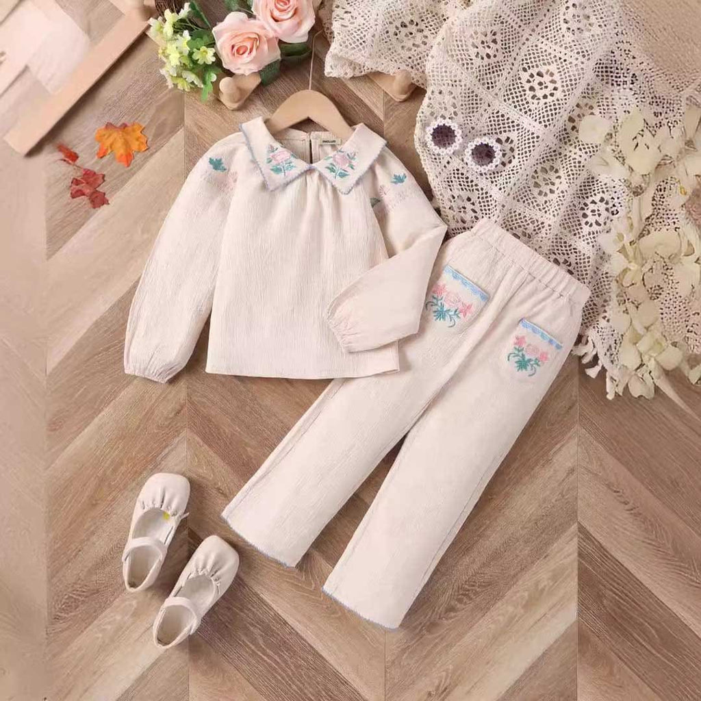 Girls Floral Embroidery Long Sleeve Top With Pants