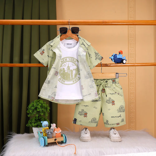 Boys Green Carnival Print Short Sleeve Shirt With T-Shirt And Shorts Sets 3 pc. Sets Green 6-12 M